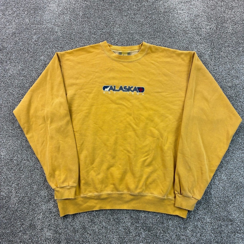 Vintage Y2K Alaska Sweatshirt Mens Large Yellow Alaska Last Frontier Nature Surf